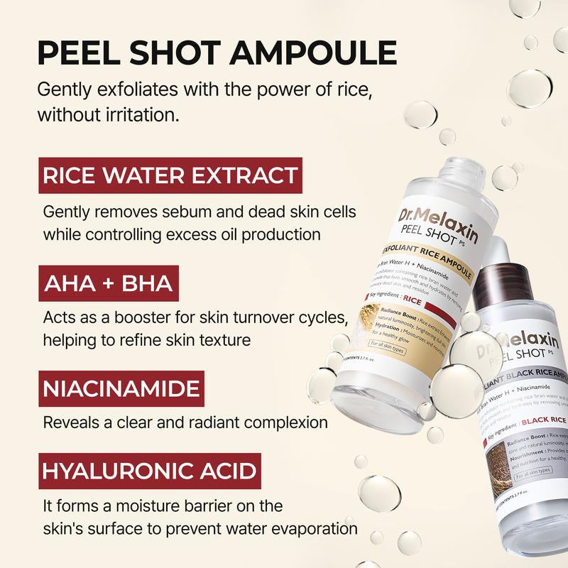 [Dr.Melaxin Official] Peel Shot Glow Rice Ampoule Duo - Serums for Brightening, Exfoliating, and Moisturizing - for All Skin Types